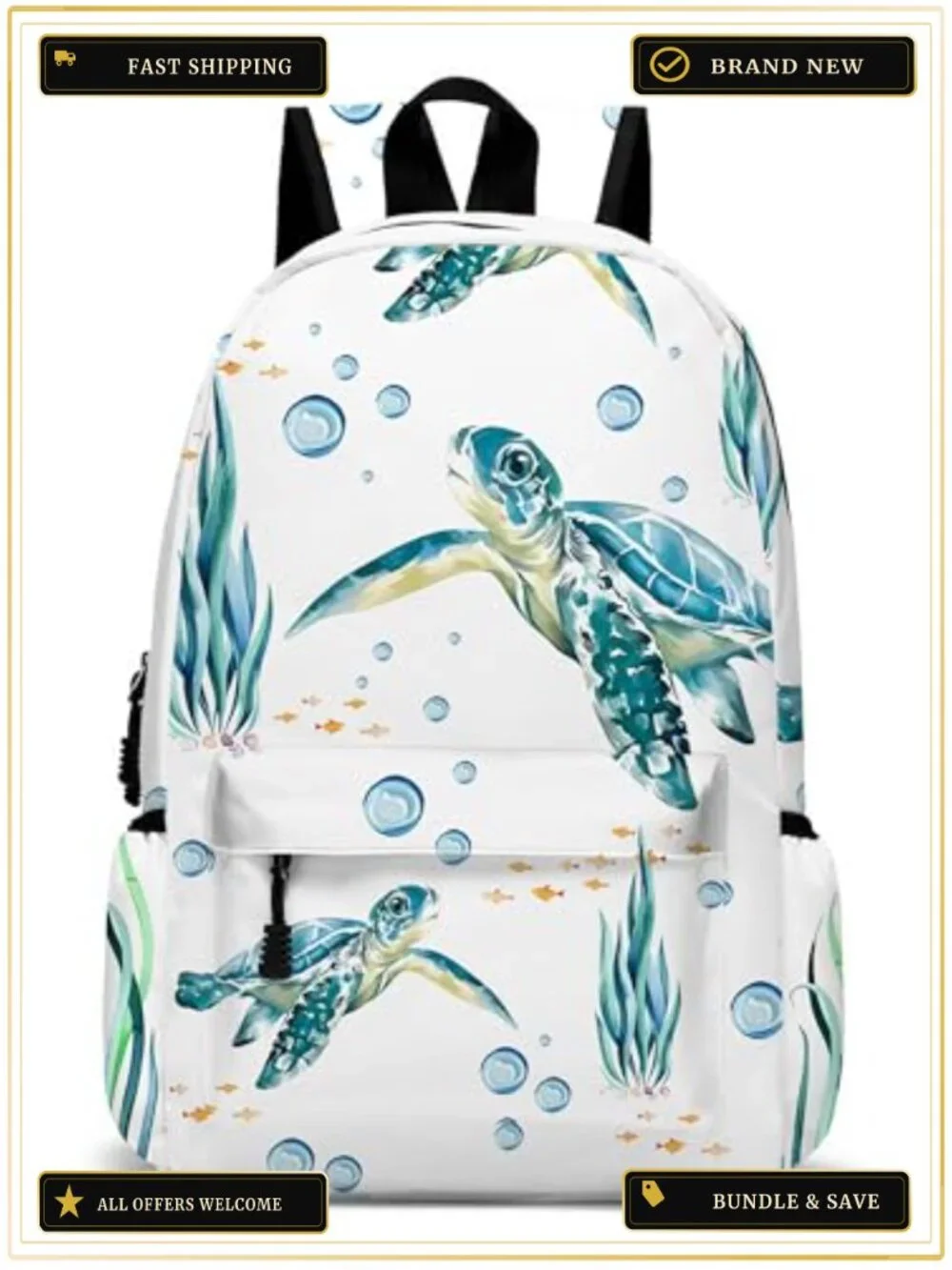 17 Inch Sea Turtle Laptop Backpack, Polyester Water Resistant Daypack for